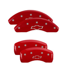 Load image into Gallery viewer, MGP 4 Caliper Covers Engraved Front & Rear Chevy Racing Red Finish Silver Char 2016 Chevrolet Camaro