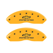 Load image into Gallery viewer, MGP 4 Caliper Covers Engraved F & R Chevy Racing Yellow Finish Black Char 2017 Chevrolet Camaro