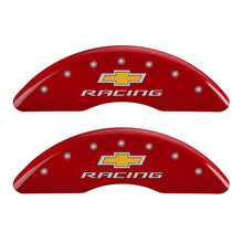 Load image into Gallery viewer, MGP 4 Caliper Covers Engraved Front & Rear Chevy Racing Red Finish Silver Char 2016 Chevrolet Camaro