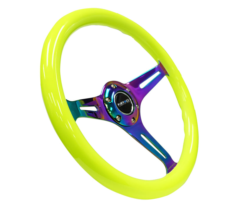 NRG Classic Wood Grain Steering Wheel (350mm) Neon Yellow Color w/Neochrome Spokes