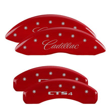 Load image into Gallery viewer, MGP 4 Caliper Covers Engraved Front Cursive/Cadillac Engraved Rear CTS4 Red finish silver ch