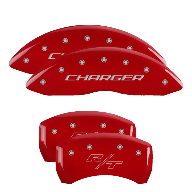 MGP 4 Caliper Covers Engraved Front Charger Engraved Rear RT Red finish silver ch