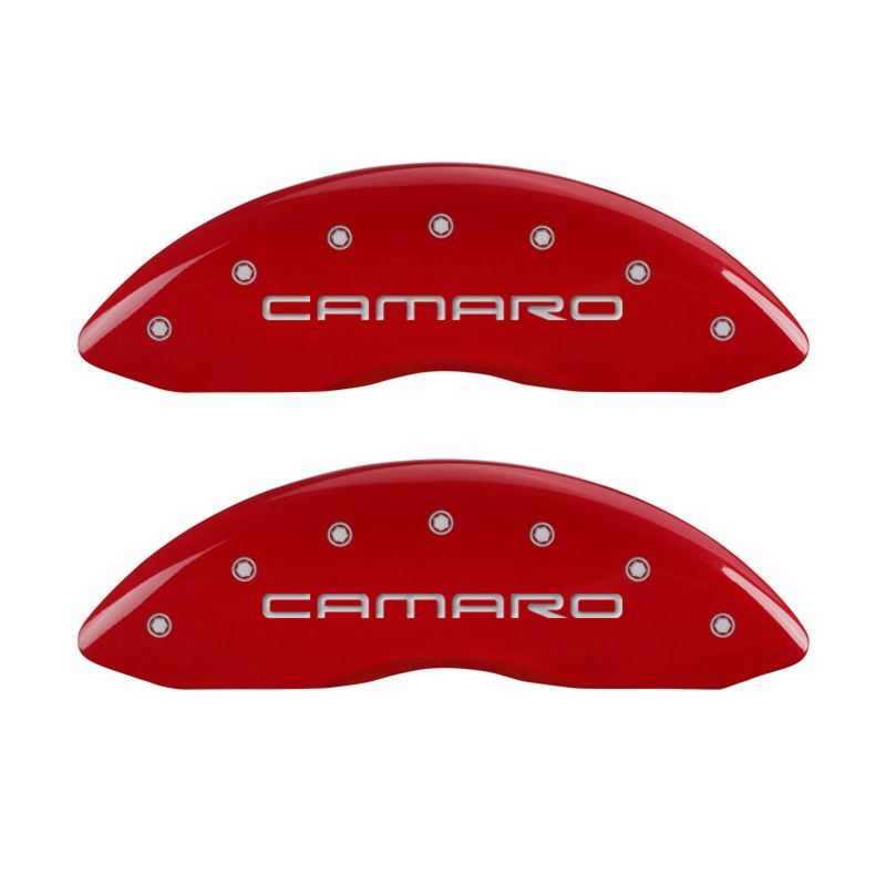 MGP 4 Caliper Covers Engraved Front Gen 4/Camaro Engraved Rear Gen 4/Z28 Red finish silver ch