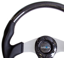 Load image into Gallery viewer, NRG Carbon Fiber Steering Wheel (350mm) Silver Oval Shape w/Leather Trim