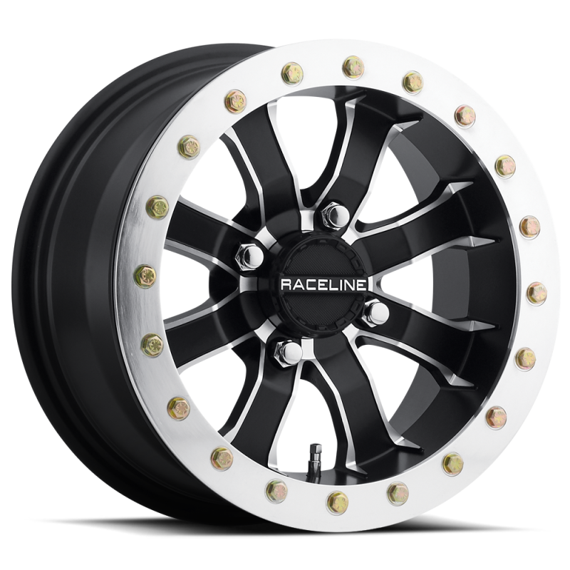 Raceline A71 Mamba 12x7in/4x156 BP/5mm Offset/132.5mm Bore - Black & Machined Ring Beadlock Wheel