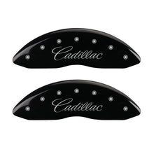 Load image into Gallery viewer, MGP 4 Caliper Covers Engraved Front Cursive/Cadillac Engraved Rear CTS4 Black finish silver ch