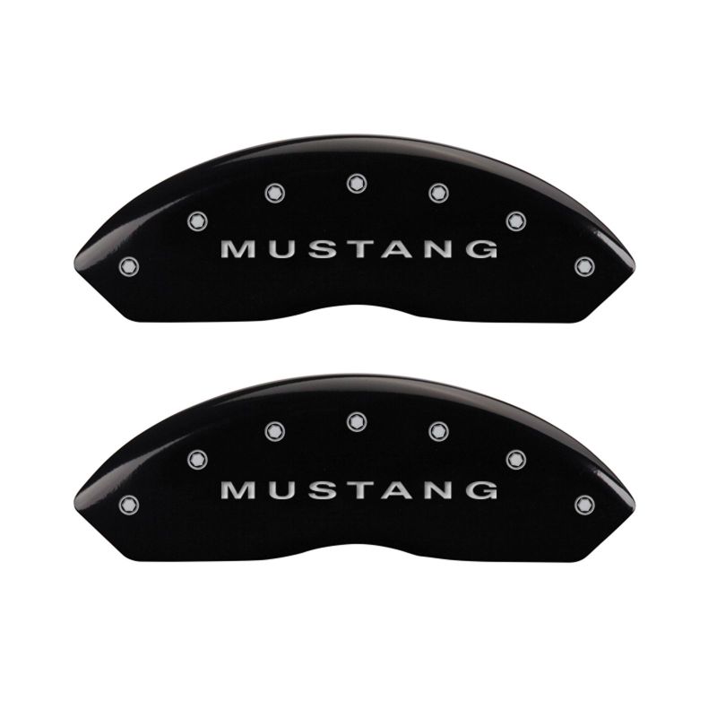 MGP 4 Caliper Covers Engraved Front Mustang Engraved Rear Bar & Pony Black finish silver ch