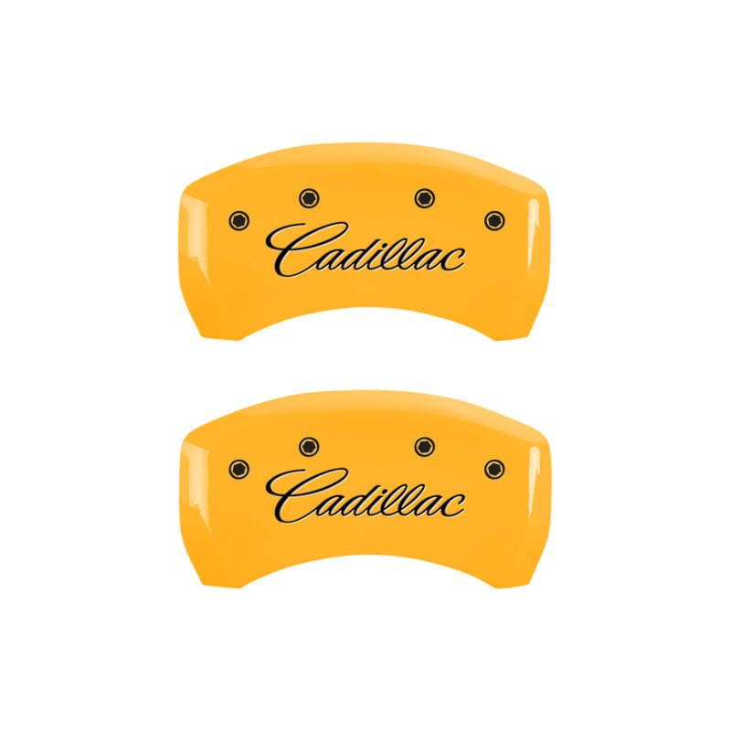 MGP 4 Caliper Covers Engraved Front & Rear Cursive/Cadillac Yellow finish black ch