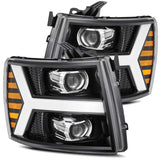 AlphaRex 07-13 Chevy 1500 LUXX LED Proj Headlights Plank Style Jet Blk w/ Activ Light/Seq Signal/DRL