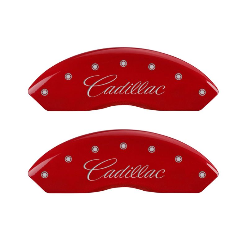 MGP 4 Caliper Covers Engraved Front & Rear Cursive/Cadillac Red Finish Silver Characters