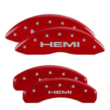 Load image into Gallery viewer, MGP 4 Caliper Covers Engraved Front HEMI Engraved Rear HEMI Logo Red Finish Silver Characters