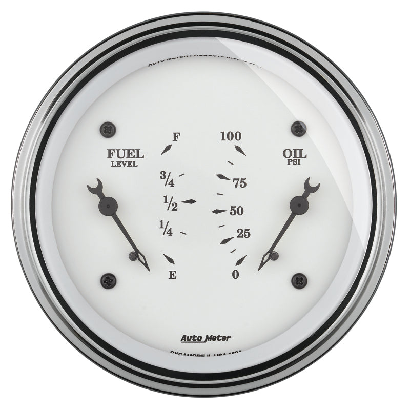 AutoMeter Gauge Dual Fuel & Oilp 3-3/8in. 0 Ohm(e) to 90 Ohm(f)& 100PSI Elec Old Tyme White