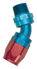 Load image into Gallery viewer, Russell Performance -8 AN Red/Blue 45 Degree Full Flow Swivel Pipe Thread Hose End (With 1/2in NPT)