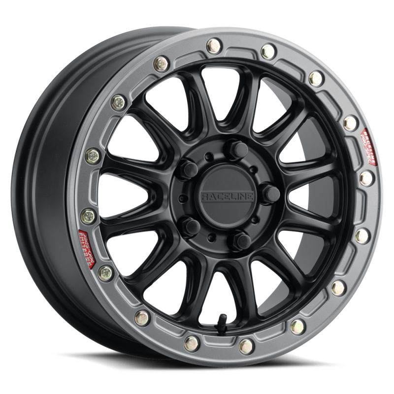 Raceline A14GR Alpha 15x7in/5x114.3 BP/25mm Offset/68mm Bore - Gunmetal & Red Ring Beadlock Wheel