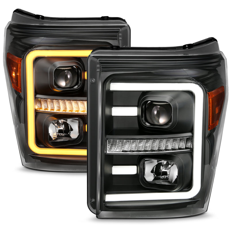 ANZO 2011-2016 Ford F250 Projector Headlights w/ Plank Style Switchback Black w/ Amber