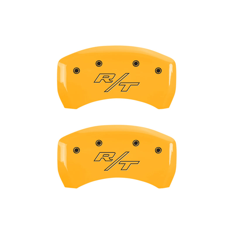 MGP 4 Caliper Covers Engraved Front Cursive/Challenger Engraved Rear RT Yellow finish black ch