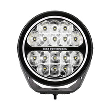 Load image into Gallery viewer, Go Rhino Xplor Blackout Series Round LED Spot Light Beam w/DRL (Surface/Thread Stud Mnt) 7in. - Blk