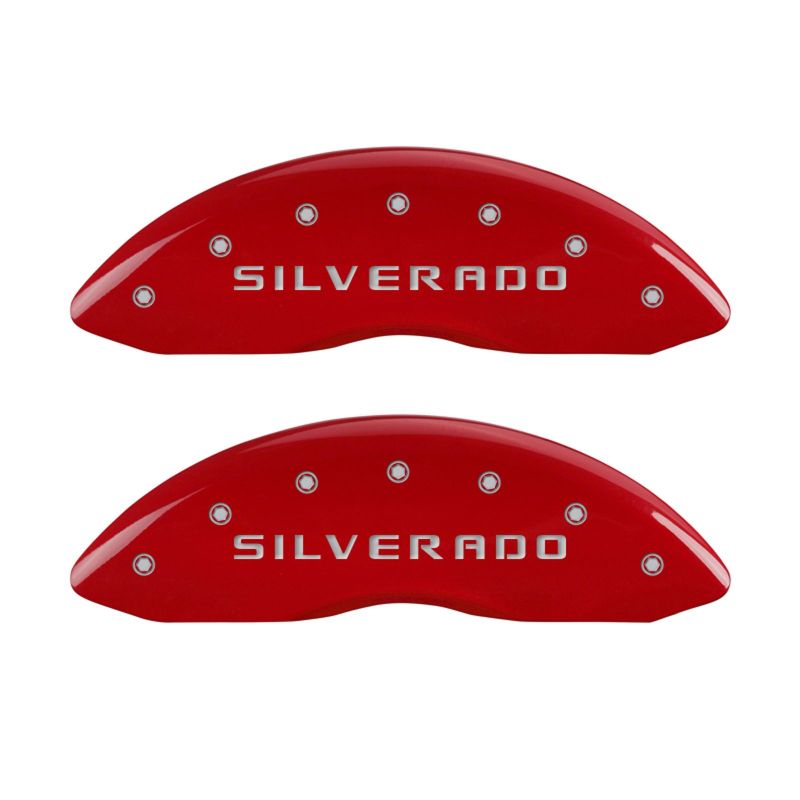 MGP 4 Caliper Covers Engraved Front & Rear Silverado Red finish silver ch