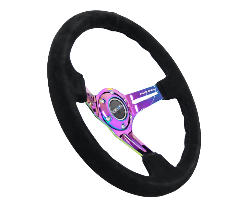 NRG Reinforced Steering Wheel (350mm / 3in. Deep) Blk Suede/Blk Stitch w/Neochrome Slits