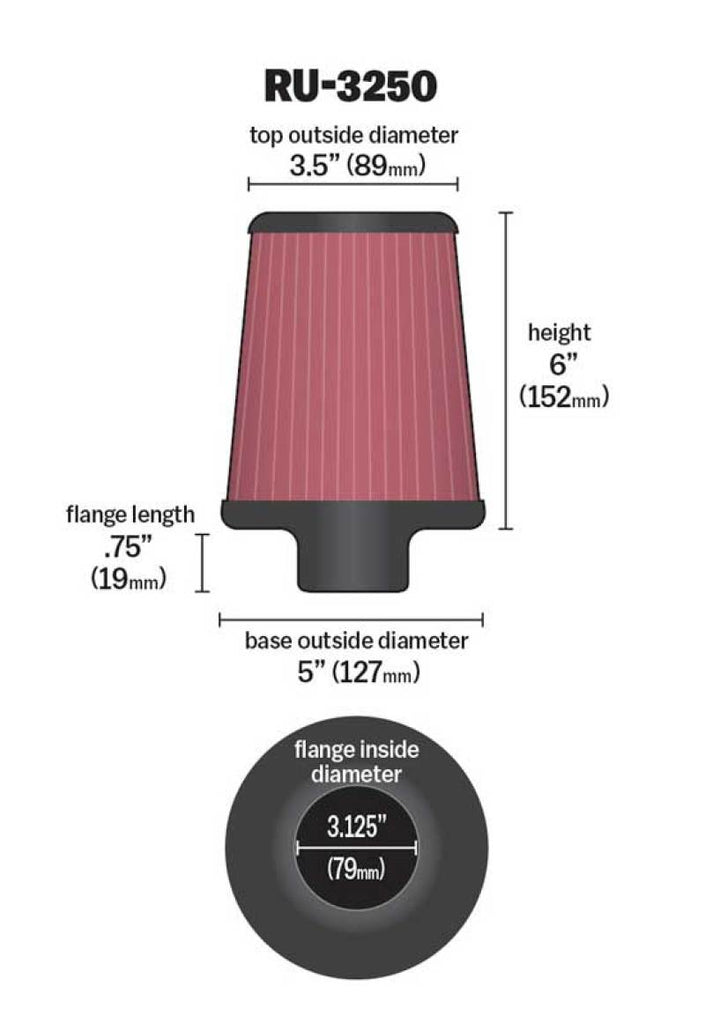 K&N Universal Tapered Filter 3.125in Flange ID x 5in Base OD x 3.5in Top OD x 6in Height