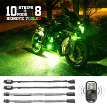 Load image into Gallery viewer, XK Glow Flex Strips 7 Color LED Accent Light Motorcycle/ATV Kit (10xCompact Pods + 8x10In)