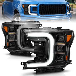 ANZO 18-20 Ford F-150 Full Led Projector Light Bar Headlights Black Amber
