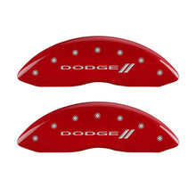 Load image into Gallery viewer, MGP 4 Caliper Covers Engraved Front &amp; Rear With stripes/Dodge Red finish silver ch