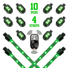 Load image into Gallery viewer, XK Glow Strips Single Color XKGLOW LED Accent Light Motorcycle Kit Green - 10xPod + 4x8In