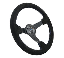 Load image into Gallery viewer, NRG Reinforced Steering Wheel (350mm / 3in. Deep) Blk Suede/Blue BBall Stitch w/5mm Matte Blk Spokes