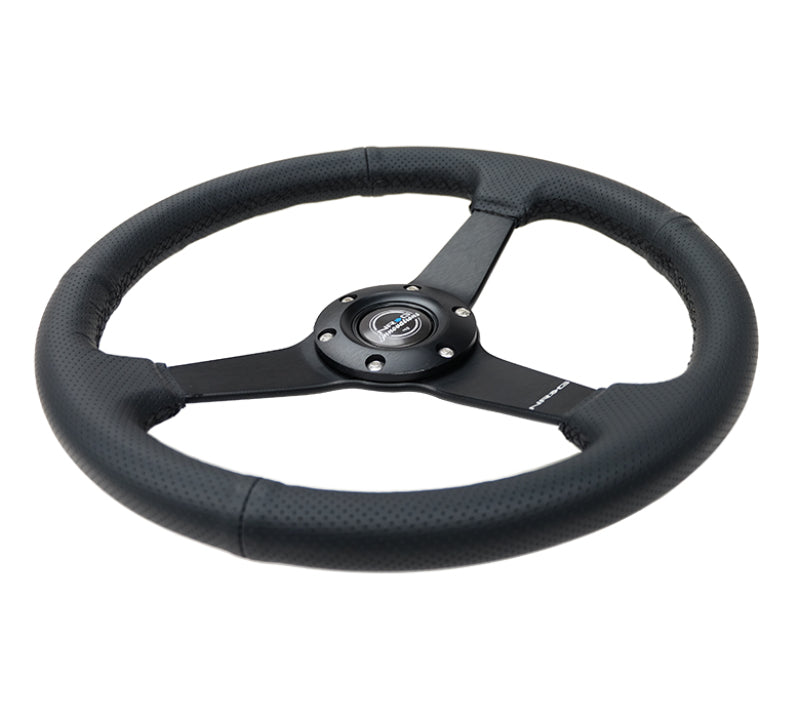 NRG Sport Steering Wheel (350mm / 1.5in Deep) Black Leather Black Stitch w/Matte Black Solid Spokes