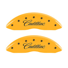 Load image into Gallery viewer, MGP 4 Caliper Covers Engraved Front Cursive/Cadillac Engraved Rear CTS Yellow finish black ch