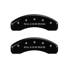 Load image into Gallery viewer, MGP 4 Caliper Covers Engraved Front &amp; Rear Silverado Black finish silver ch