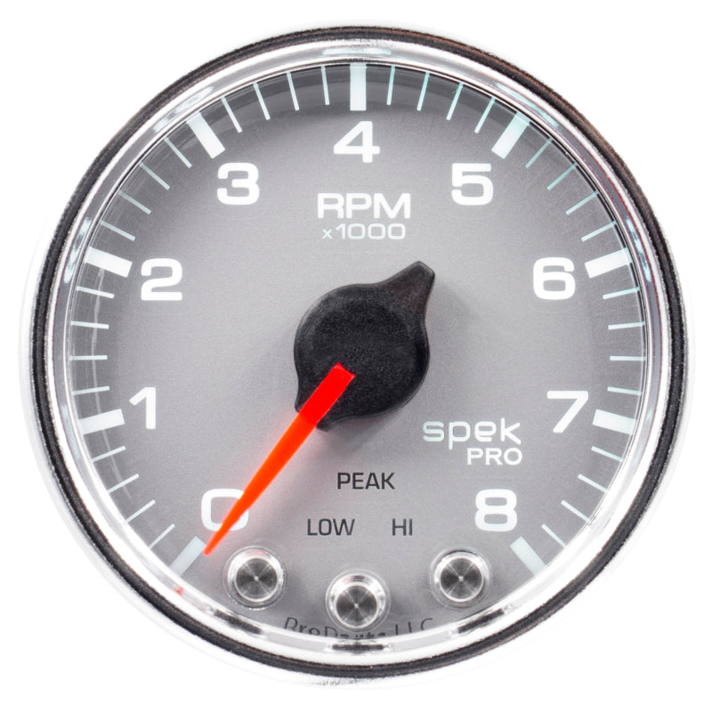 Autometer Spek-Pro Gauge Tach 2 1/16in 8K Rpm W/ Shift Light & Peak Mem Slvr/Chrm