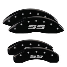 Load image into Gallery viewer, MGP 4 Caliper Covers Engraved Front &amp; Rear Silverado style/SS Black finish silver ch