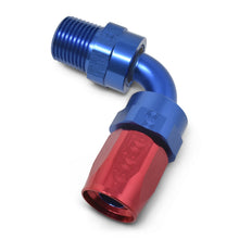 Load image into Gallery viewer, Russell Performance -10 AN Red/Blue 90 Deg Full Flow Swivel Pipe Thread Hose End (With 1/2in NPT)