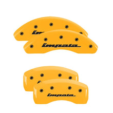 Load image into Gallery viewer, MGP 4 Caliper Covers Engraved Front &amp; Rear Impala Yellow finish black ch