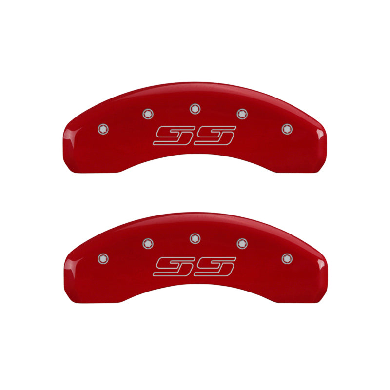 MGP 4 Caliper Covers Engraved Front & Rear Avalanche style/SS Red finish silver ch