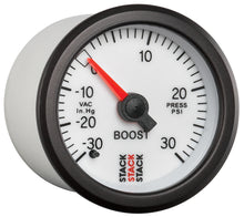 Load image into Gallery viewer, Autometer Stack 52mm -30INHG to +30 PSI (Incl T-Fitting) Mechanical Boost Pressure Gauge - White