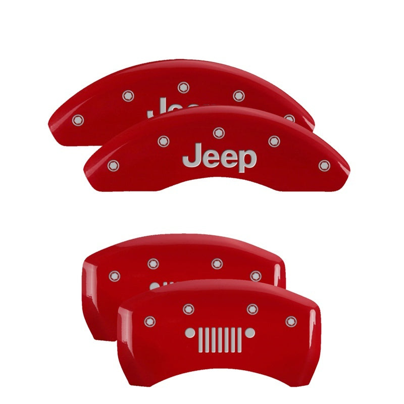 MGP 4 Caliper Covers Engraved Front JEEP Engraved Rear JEEP Grill logo Red finish silver ch