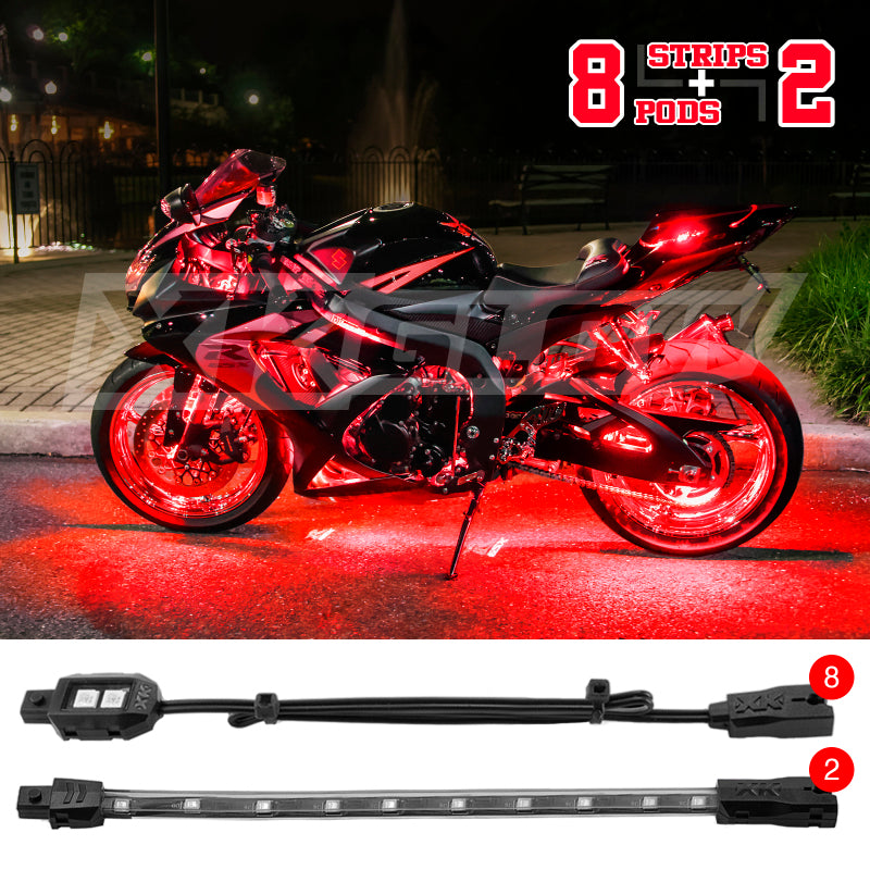 XK Glow Single Color XKGLOW LED Accent Light Motorcycle Kit Red - 8xPod + 2x8InStrips