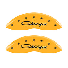 Load image into Gallery viewer, MGP 4 Caliper Covers Engraved Front &amp; Rear 05-10 Dodge Charger R/T Yellow Finish Black Cursive Logo