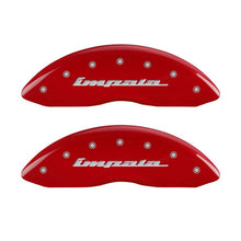 Load image into Gallery viewer, MGP 4 Caliper Covers Engraved Front &amp; Rear Impala Red finish silver ch