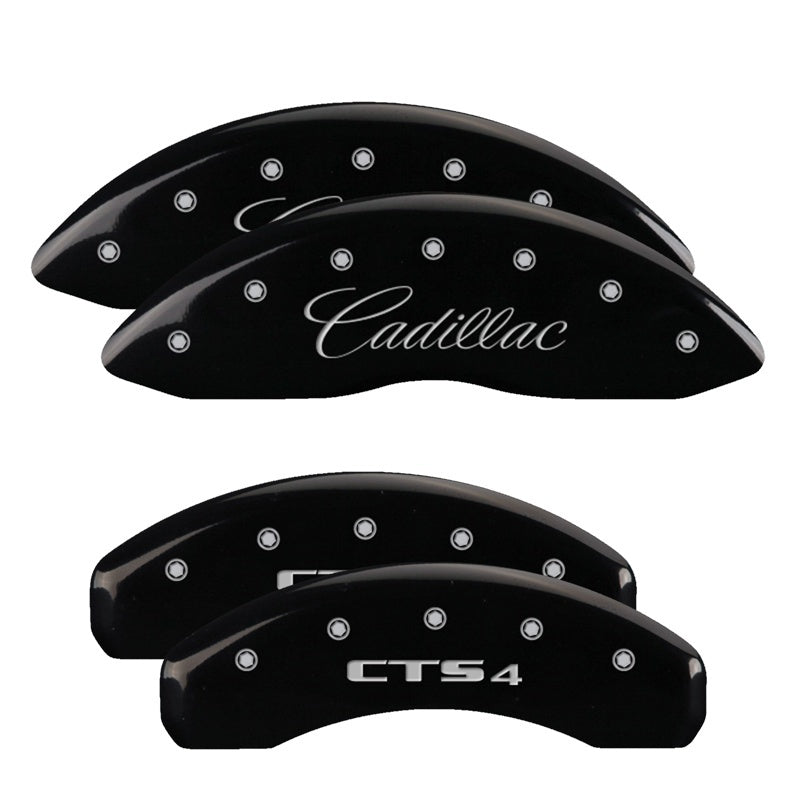 MGP 4 Caliper Covers Engraved Front Cursive/Cadillac Engraved Rear STS Black finish silver ch