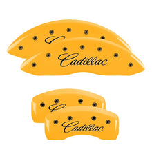 Load image into Gallery viewer, MGP 4 Caliper Covers Engraved Front &amp; Rear Cursive/Cadillac Yellow finish black ch