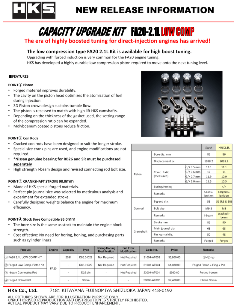 HKS PISTON KIT FA20 2.1L LOW COMP