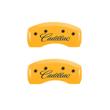 Load image into Gallery viewer, MGP 4 Caliper Covers Engraved F &amp; R Cursive/Cadillac Yellow Finish Black Char 2004 Cadillac CTS