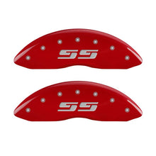 Load image into Gallery viewer, MGP Front set 2 Caliper Covers Engraved Front Silverado style/SS Red finish silver ch