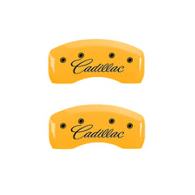 Load image into Gallery viewer, MGP 4 Caliper Covers Engraved Front &amp; Rear Cursive/Cadillac Yellow finish black ch