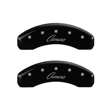 Load image into Gallery viewer, MGP 4 Caliper Covers Engraved Front &amp; Rear Cursive/Camaro Black finish silver ch