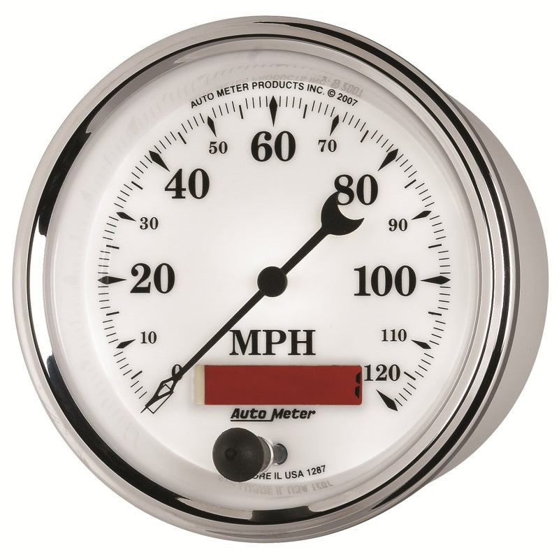 AutoMeter Gauge Speedometer 3-3/8in. 120MPH Elec. Prog. W/ Lcd Odo Old Tyme Wht II